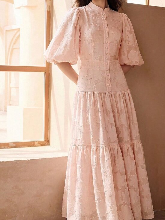 Dresses & Skirts - Pink Elegant Women's V-Neck Lantern Sleeve Textured Ditsy Floral Dress